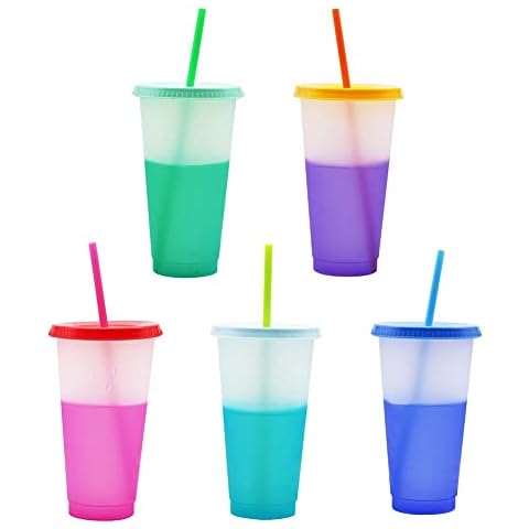 URMAGIC 5 Color Changing Cups with Lids and Straws, 5 Pcs 720ml Reusable Plastic Tumblers,Party Drinking Cup for Kids/Adults,Cold Drink Cups,Smoothie Cups,Party Cups,Coffee Cup Cover