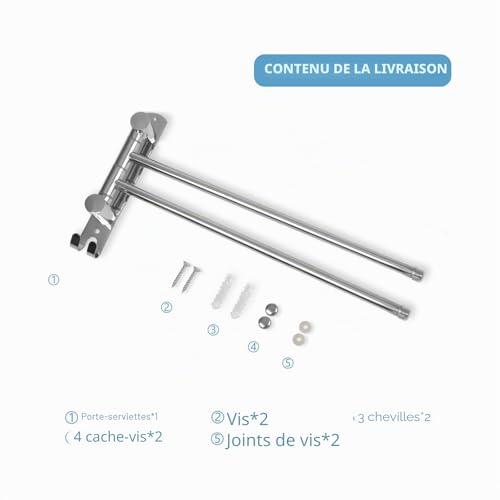 JSVER Porte-Serviettes Salle de Bain, Porte Serviette Murale avec 2 Barres 180°Rotatives Sèche-Serviettes en Acier Inoxydable Extensible jusqu'à 50 cm (Argent) – vue 6