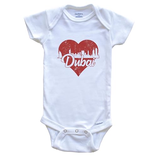 Retro Dubai United Arab Emirates Skyline Red Heart One Piece Baby Bodysuit