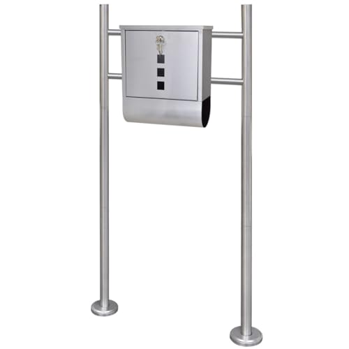 vidaXL Stainless Steel Mailbox with Stand - Silver Lockable Post Box, Outdoor Letterbox with Newspaper Holder, 31x10.5x33.5 cm