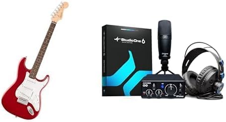 Squier by Fender Debut Stratocaster Gitarren-Aufnahme-Bundle, Dakota Red, mit PreSonus AudioBox GO Creator Bundle (Audio-Interface, Mikrofon, Kopfhörer und Software)
