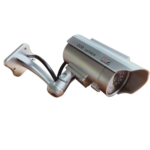 Solar Powered Dummy Fake Security Camera Bullet CCTV Surveillance with Simulated LED Realistic Red Flashing Light and Security Warning Sticker Decal Indoor Outdoor, 4 Pack