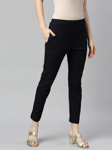 Image of MINELLI Women Solid Cigar Pants, Cotton Lycra Slub Fabric, Elasticated Waistband, Pull On Style, Regular Fit Bottom Wear for Western and Ethnic Wear