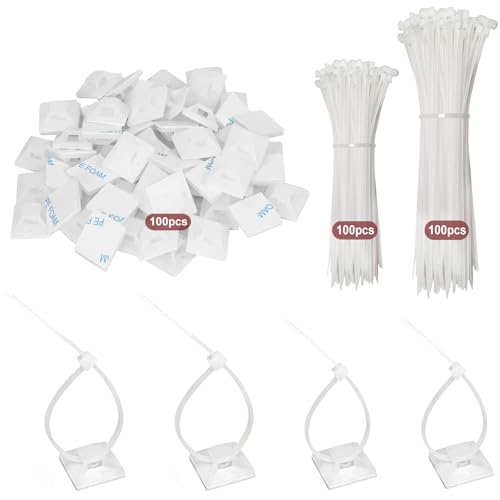 200 Stück Kabelbinder Set 120mm/150mm und 100 Stück Klebesockel für Kabelbinder Schwarz Kabelbefestigung Selbstklebend Kabelhalter Nylon Klebepads Kabelclips Klebe Halter für Heim Büro (Weiß)