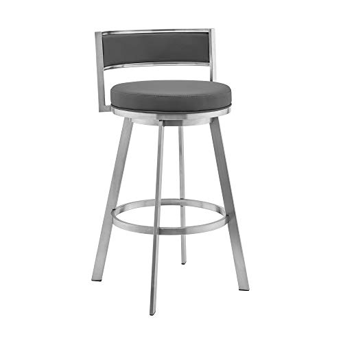 Armen Living Roman 26" Butaco Giratorio con Cuero Sintético Gris y Estructura de Acero Inoxidable Cepillado miniatura 1