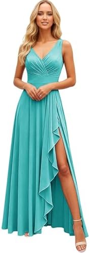 V Neck Bridesmaid Dresses with Slit 2026 Chiffon Prom Dress with ...