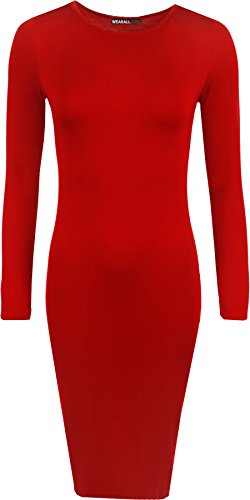 Preisvergleich Produktbild WearAll - Damen Bodycon Elastisch Schmucklos Dress Lange Ärmel Rundhalsausschnitt Midi Kleid - Rot - 36 / 38