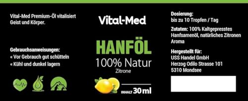 Extra starkes und hochdosiertes Hanföl mit 30ML (750 Tropfen) - Premium Vital Hanfsamenöl - 100% Natur - Hanftropfen mit Omega 3-6-9 (30ML, Zitrone)