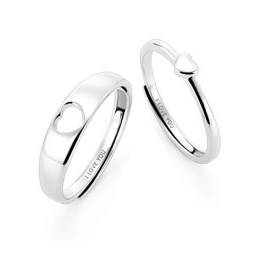 BEIBXHQQ Splicing Love Hollow Ring - Adjustable Heart-Shaped Couple Ring for Weddings, Parties, Birthdays (Silver)