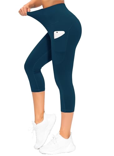 Image of THE GYM PEOPLE Thick High Waist Capris Yoga Pants with Pockets, Tummy Control Workout Running Yoga Leggings for Women