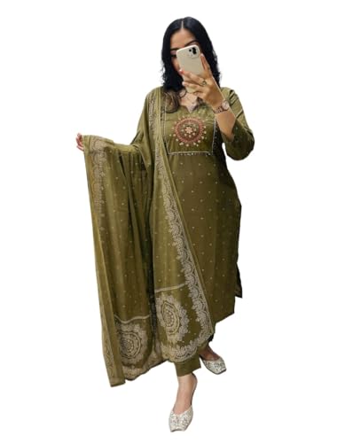 Image of ANNI DESIGNER Viscose Kurta for Women | Kurti Set Woman | Kurta with Pant & Dupatta | Straight Embroidered Suit | Ethnic Indian Outfit Office Party Traditional Clothing Fashion Style Premium Wear Look