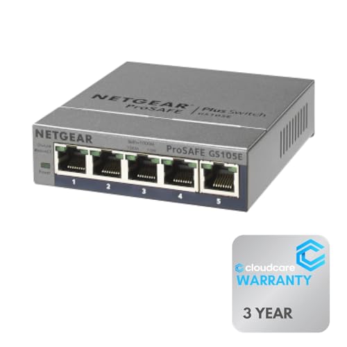 Image of NETGEAR GS105E 5-Port 𝐆𝐢𝐠𝐚𝐛𝐢𝐭 𝐒𝐰𝐢𝐭𝐜𝐡 | Unmanaged | Desktop | Cloud Care's 3-Year Warranty SupportPlus Included