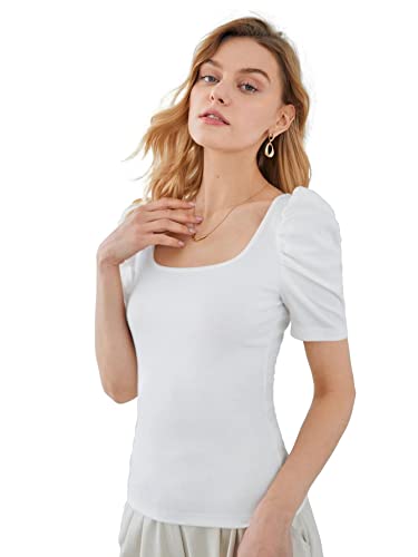 Image of Shasmi Women's & Girl's Polyester Pleated High Neck Short Puff Sleeve Ruched Bust Solid Regular Fit Top