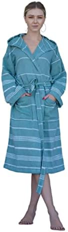 Turkish Hooded Bathrobe with Pocket for Men Women Lightweight Soft Ultra Absorbent Beach, Pool, Hotel and spa peshtemal Unisex 100% Cotton (S/M, Dark Green)