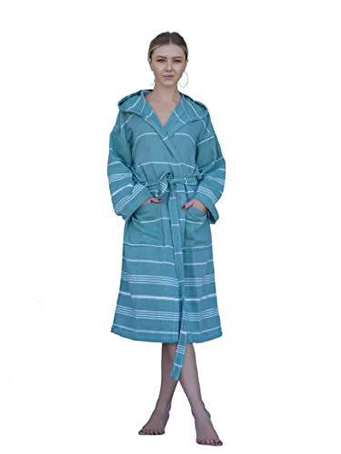 Turkish Hooded Bathrobe With Pocket For Men Women Lightweight Soft Ultra Absorbent Beach, Pool, Hotel And Spa Peshtemal Unisex 100% Cotton (S/M, Dark Green) #TOP28