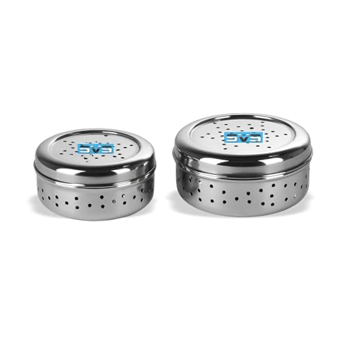 Image of Stainless Steel Green Coriander Storage Box Curry Leaves Box Set, Sprouts with air Ventilation Food containers Silver Dabba Flat Box Steel Dabba (Dhaniya 400 & 600 ML)