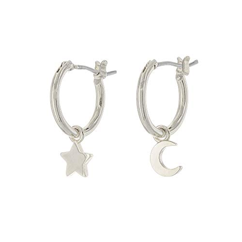 Columbus Rhodium Plated Moon and Star Charm Huggie Hoop Earrings  Dangle Drop Earrings for Women (Silver Moon/Star)