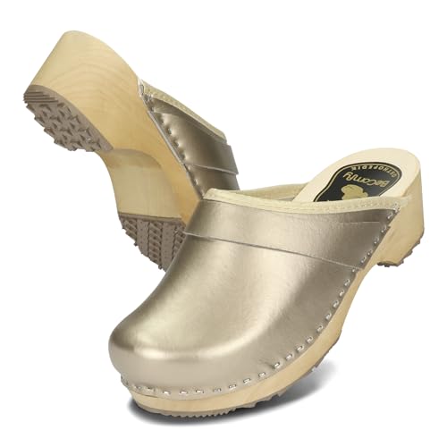 BeComfy Zuecos de Mujer Zapatos de Madera con Suela de Madera Metálico Oro Plata Rosa 35 36 37 38 39 40 41 EU (Oro, 36)