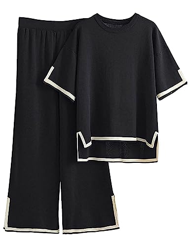 Kissonic Women's Two Piece Knit Sets Sweater Pullover Tops High Waist Wide Leg Pants Tracksuit Set, Black 01, Medium