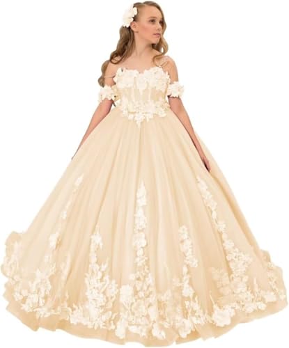 Appliques Flower Girl Dress for Wedding Spaghetti Strap Tulle Pageant Dress for Girls Fancy Princess Ball Gowns for Girls