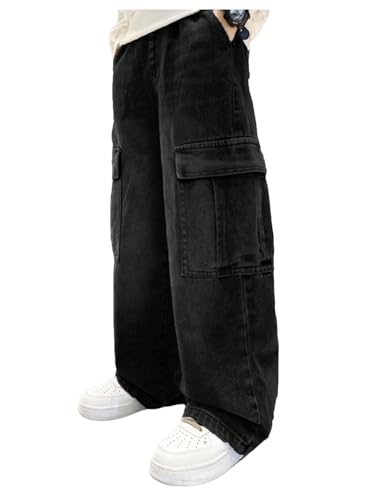 Verdusa Boys Jeans Baggy Vintage Straight Leg Denim Cargo Pants with Pockets 8-14 Years