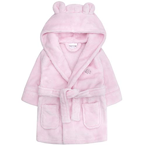 Metzuyan Baby Boys & Girls Unisex Dressing Gown (Ages 6-24 Months) Soft Plush Flannel Fleece Hooded Bath Robe Pink 0-6