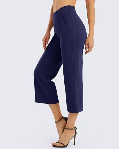 Image of G4Free Capri Pants for Women Wide Leg Yoga Dress Capris with Pockets Cross Loose Casual Work Crop Pants