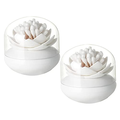 HOOTNEE 2Pcs Lotus Shaped Cotton Swab Holder Toothpick Case Dispenser Stylish White Cotton Bud Storage Box for Bathroom Counter Bedroom Organization