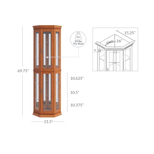 Image of BELLEZE Lighted 3-Side Glass Display Curio Cabinet w /Tempered Glass Doors and Shelves, Accent Wooden Corner Cabinet with Bulb, Corner Storage Decoration Rack for Living Room