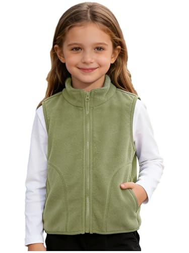 Fldy Kids Fleece Vest Girls Polar Fleece Gilet Winter Warm Tops Waistcoat Full Zip Jacket Coat Green 9-10 Years