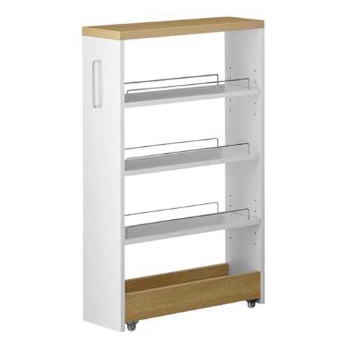 ぼん家具 [完成品+設置] すき間収納 キャスター付き 幅16cm ワゴン ストッカー スリムラック 調味料ラック ロータイプ オーク×ホワイト