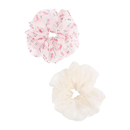 Hair Tie Scrunchie Ponytail Wrap Holder - Fabric Scarf Bow Flower, Chiffon Leopard, Pearl Tube Ring Elastic Hair Band (Scrunchies 2 Set - Cherry Pink/White 2) #TOP12