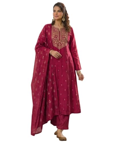 Image of ANNI Designer Women's Viscose Straight Printed Embroidery Kurta with Pant & Dupatta | Long Sleeve Ethnic Kurta Set for Women | Casual Office, Daily, Party Outfits