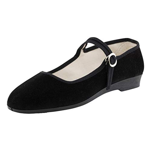 Japanwelt China Samtschuhe Damen Schwarz Größe 37 EU - offene Trachtenschuhe mit Riemchen und Absatz