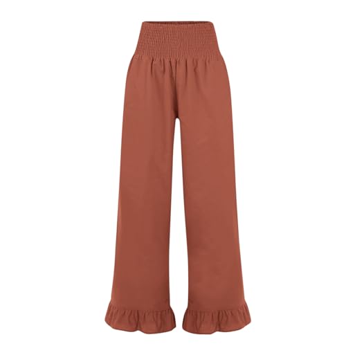 Image of Womens Linen Palazzo Pants Ruffle Hem Drawstring Boho Trousers Beach Travel Vacation Outfits