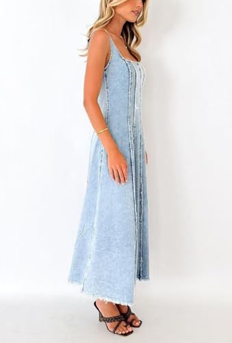 Image of chouyatou Women's Adjustable Spaghetti Strap Maxi Long Denim Dress A-Line Swing Distressed Jean Sun Dress