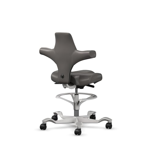 Image of HAG Capisco Sit to Stand Chair-Silver Frame-Upholstered Gray Ash Vinyl-with Foot Ring