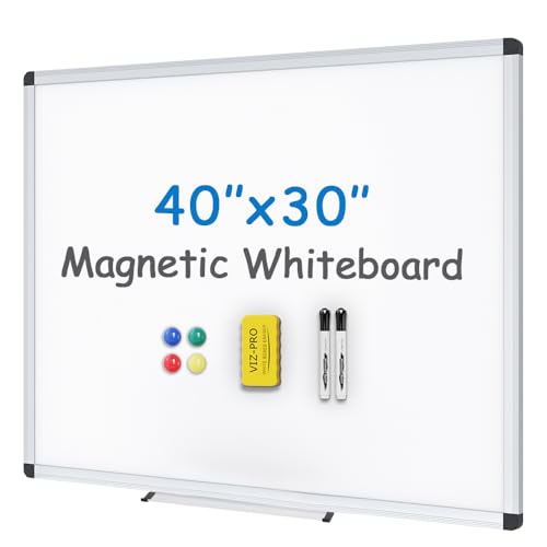 Image of VIZ-PRO Magnetic Whiteboard, 40 x 30 Inches, Dry Erase Board for Wall | Includes 1 Eraser, 2 Markers & 4 Magnets, Aluminum Frame, for School Office and Home