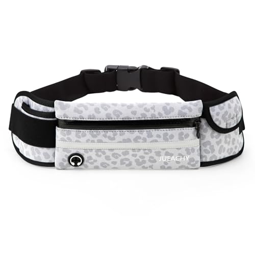Jueachy Running Belts for Women Waterproof Fanny Pack Running Waist Pouch Phone holder Adjustable Sports Money Belt with Headphone Port White Leopard