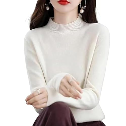 Suéteres de Cachemira para Mujer, Jersey de Punto de Manga Larga con Cuello Alto (White,S)