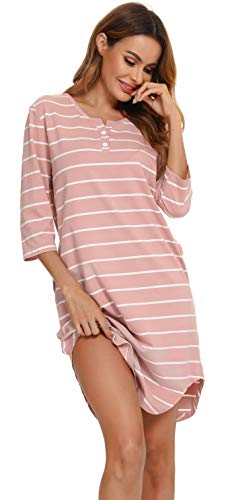 Vlazom Women's Nightgowns Soft Cotton Stripe Nightdress Short Sleeve Night Shirt Sleepwear with Pockets S-XXL2