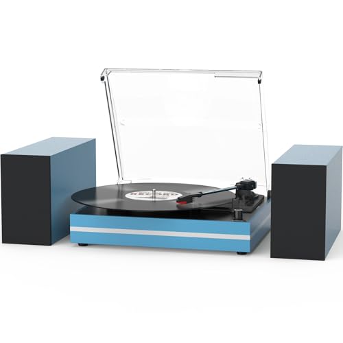 Image of Record Player for Vinyl with External Speakers Belt-Drive Turntables for Vinyl Records Dual Stereo Speakers LP Vinyl Players 3 Speed Wireless AUX-in Headphone Auto Stop New Sleek Stylish Blue