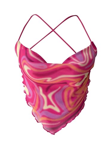 SOLY HUX Women's Marble Print Cami Top Criss Cross Tie Backless Bandana Asymmetrical Hem Crop Tops Party Clubwear Pink Marble Large