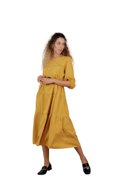 Robe mi-longue à col rond vêtement femme fluide et robe midi décontractée