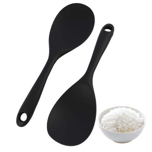 Cucchiaio da Portata in Silicone 2 Pezzi | Cucchiaio da Cucina Versatile per Riso, Purè di Patate, Uova Strapazzate | Sicuro e Resistente alle Alte Temperature, Senza BPA, Nero，Facilité d’Entretien
