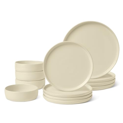 Amazon Basics Glazed Stoneware Dinnerware, Ceramic 12-Piece Set, 4 Full Place Settings, Dishwasher-Safe, Ivory