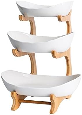 Miniatura 8 de YYW Cesta de frutas de 3 niveles, frutero de cerámica blanca para encimera de cocina, juego de fruteros para el hogar con soporte, bandeja para