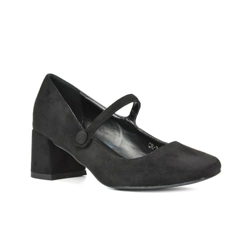 Women's Court Shoes Ladies Mary Jane Low Mid Block Heel Buckle Strap Black Faux Suede Work Evening Party Shoes Size 3