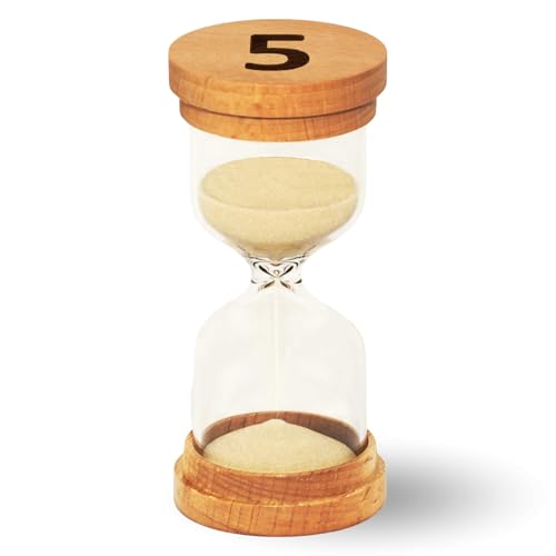Sand Hourglass Timer - Glass Sand Clock Minutes - Modern Hourglass Watch with Wooden End Caps for Kids, Games, Classroom, Kitchen, Home or Office Decor (5 Minutes)