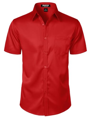JEMITOP Men's Stretch Slim Fit Dress Shirts Formal Wedding Prom Short Sleeve Button Down Up Shirt with Pocket Red L